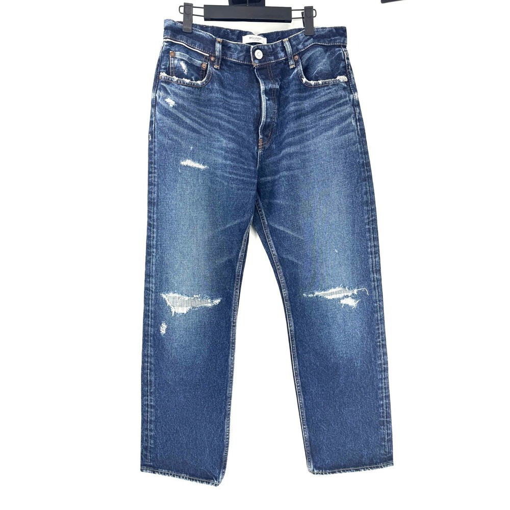 Moussy Vintage Distressed Straight Leg Jeans Dark Wash High Rise Denim